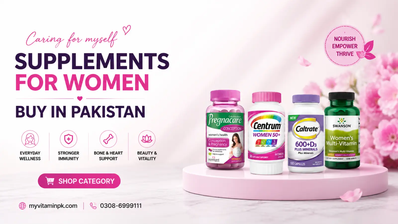 Women supplements banner featuring Pregnacare, Centrum Women 50+, Caltrate and Swanson multivitamin products+