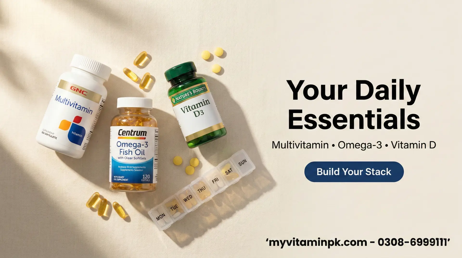 Multivitamin, omega-3 fish oil and vitamin D3 daily supplements bundle