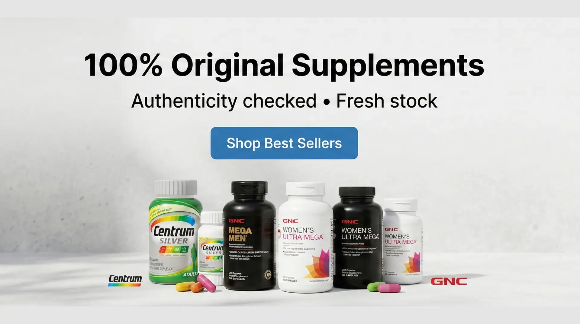 Hair, skin and nail products banner with Rogaine foam, Perfectil tablets and Nature’s Bounty gummies