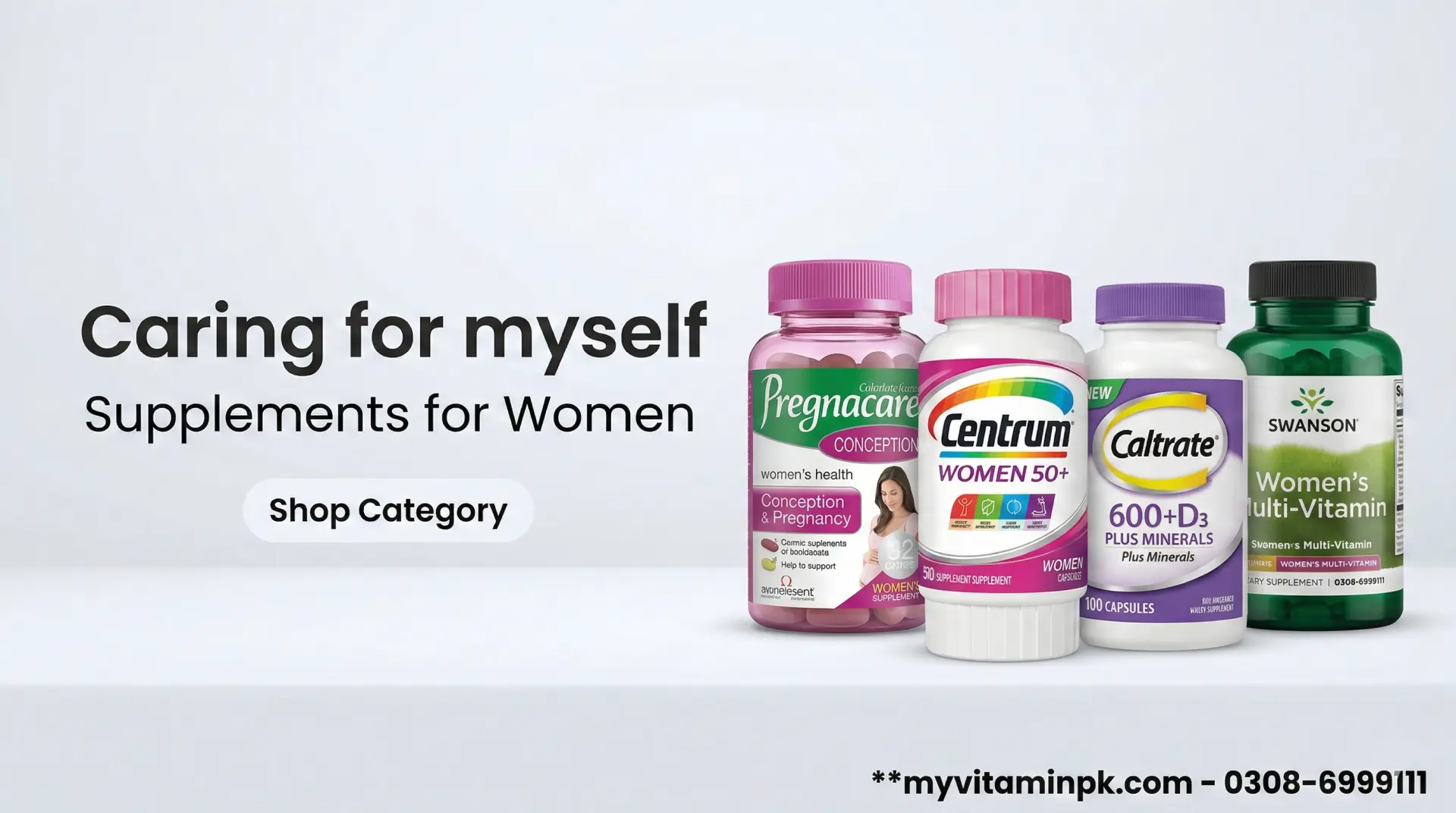 Supplements for women banner with Pregnacare, Centrum Women 50+, Caltrate 600+D3 and Swanson multivitamin