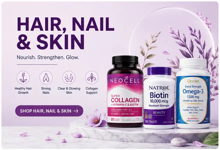 Hair skin and nail supplements in Pakistan including collagen, biotin and omega 3 products at MyVitaminPK